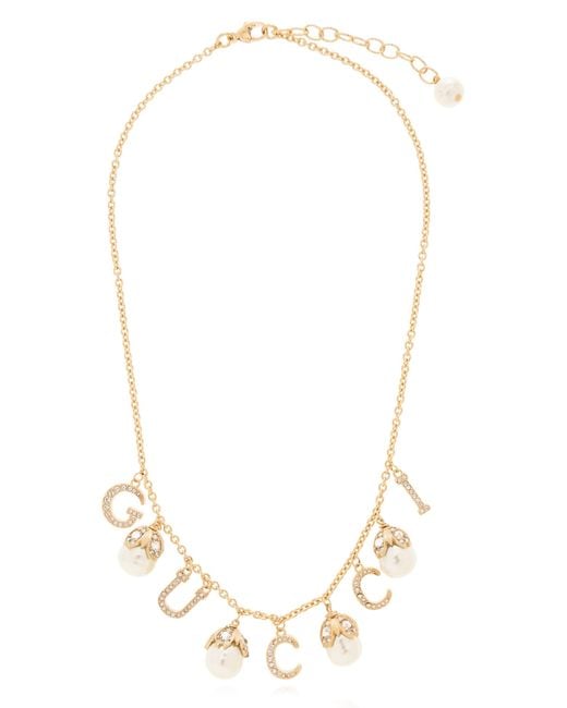 Gucci White Logo Pearl Embellished Necklace