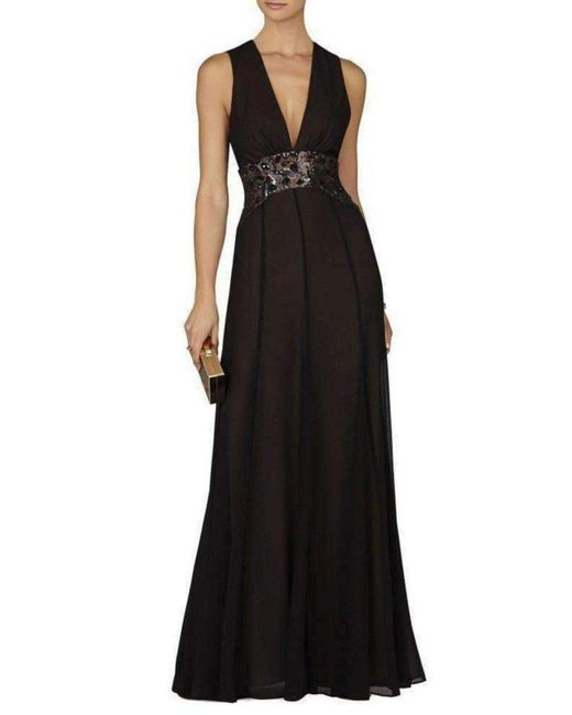 BCBGMAXAZRIA Black Stacy Plunging V Neck Embellished Waist Gown