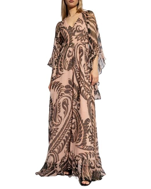Etro Brown Printed V-neck Silk Dress