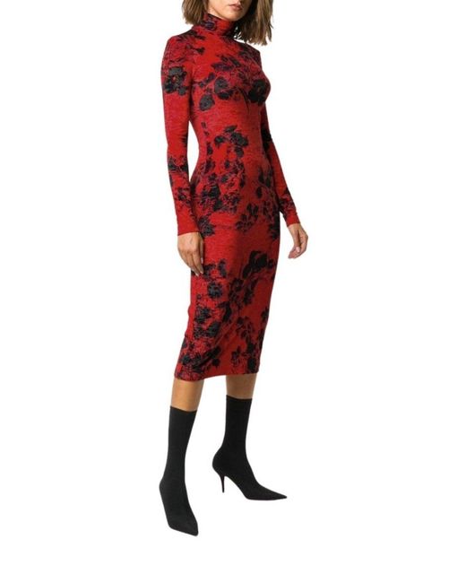 Balenciaga Red Floral-print Turtleneck Dress Xs