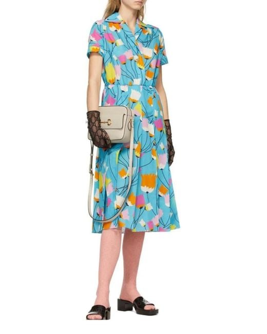 Gucci Blue Tulip Print Pleated Dress