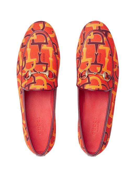Gucci Red Jordaan Orange Horsebit Canvas Loafer