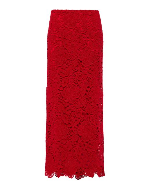 Valentino Red Floral Guipure Lace Pencil Skirt