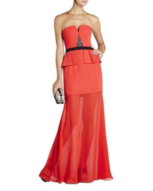 BCBGMAXAZRIA Red Caitlyn Strapless Embellished-bodice Gown