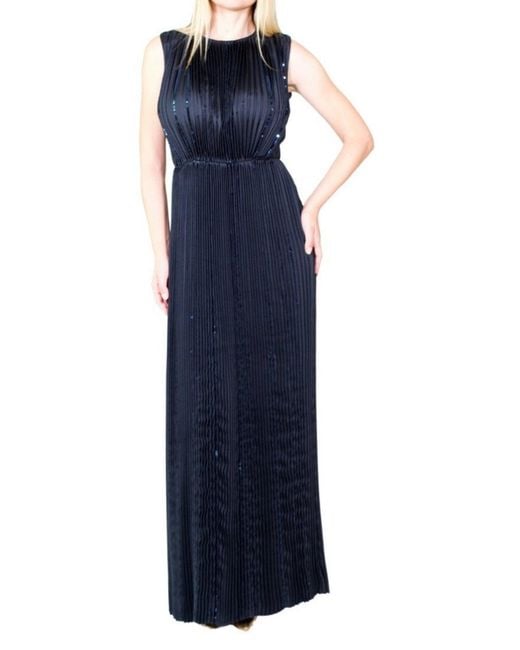 Nina Ricci Blue Black Pleated Sequin Embellished Maxi Silk Gown