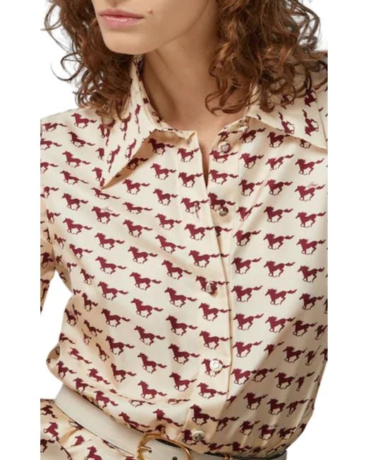 Gucci Natural Diagonal Horses Print Silk Shirt Dress