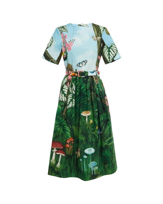 Oscar de la Renta Green Botanical Forest Print Stretch Poplin Midi Dress