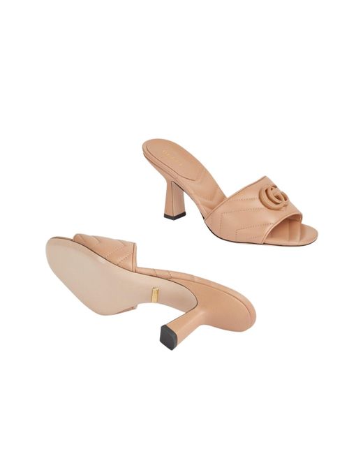 Gucci Pink Double G Beige Leather Slide Sandals