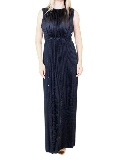 Nina Ricci Blue Black Pleated Sequin Embellished Maxi Silk Gown