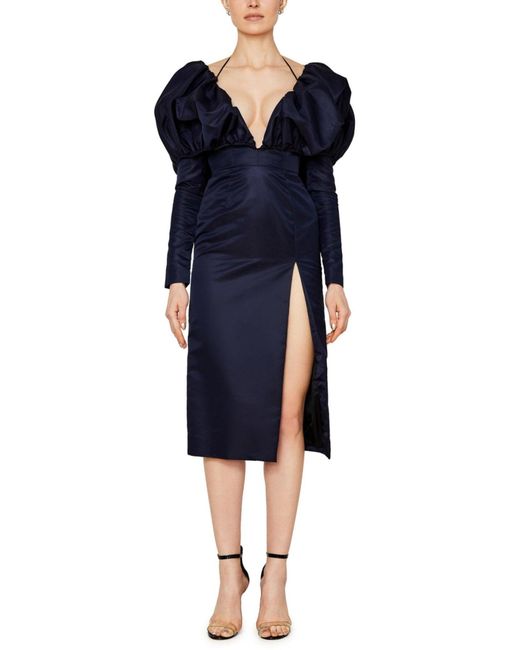 LAQUAN SMITH Blue Faille Halter Neck Puff Sleeve Midi Dress