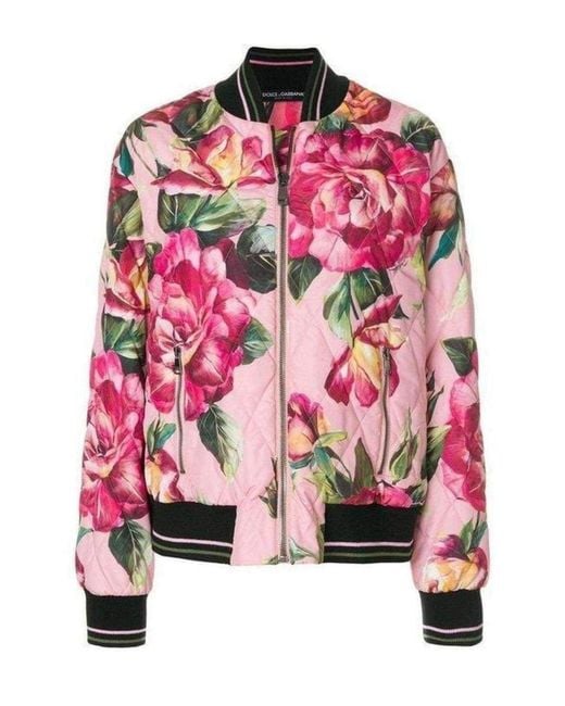 Dolce & Gabbana Pink Rose Print Bomber Jacket