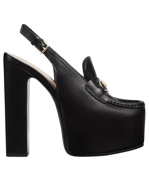 Gucci Black Ottavia Horsebit Loafer 145mm Platform Slingback Pumps