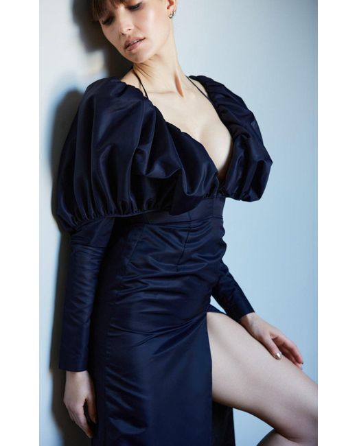LAQUAN SMITH Blue Faille Halter Neck Puff Sleeve Midi Dress