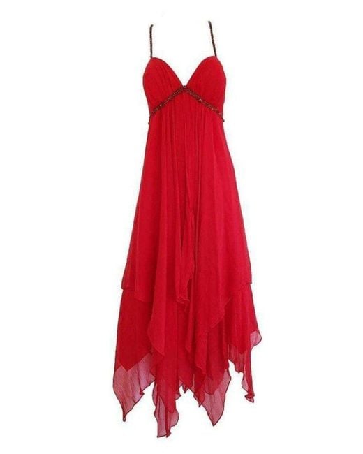 BCBGMAXAZRIA New Red Silk Asymmetrical Embellished Dress