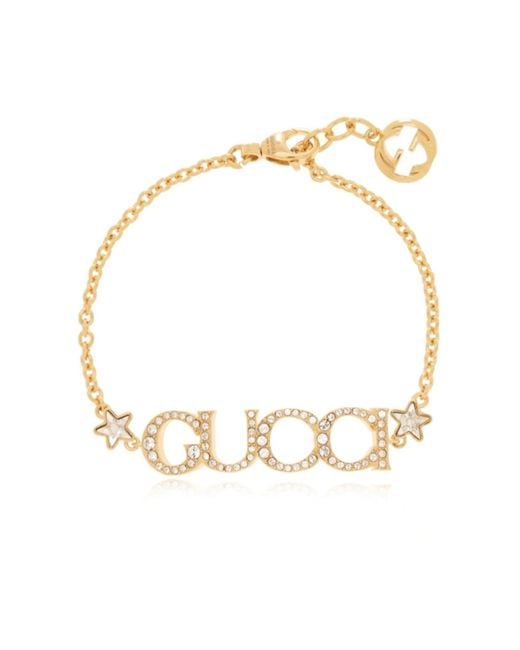 Gucci Metallic Script Crystal Logo Bracelet Gold