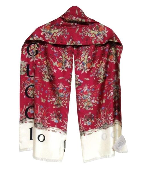 Gucci Red 100th Anniversary Floral Silk Scarf Burgundy