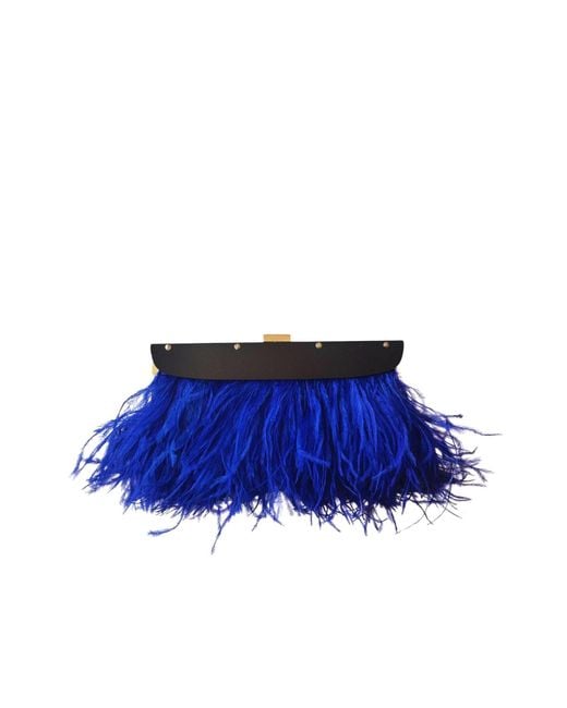 BCBGMAXAZRIA Portia Blue Feather-trim Lucite Clutch