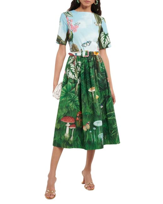 Oscar de la Renta Green Botanical Forest Print Stretch Poplin Midi Dress