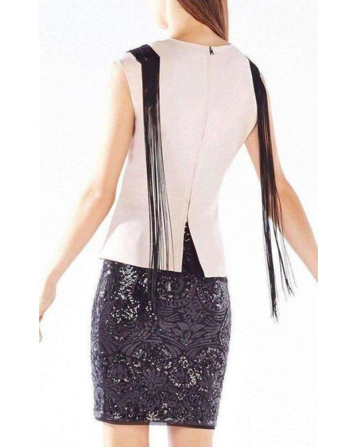 BCBGMAXAZRIA Pink Virginie Beaded Fringe Peplum Top