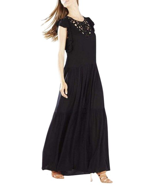 BCBGMAXAZRIA Black Lyndsy Flutter Sleeve Cutout Embroidered Maxi Dress