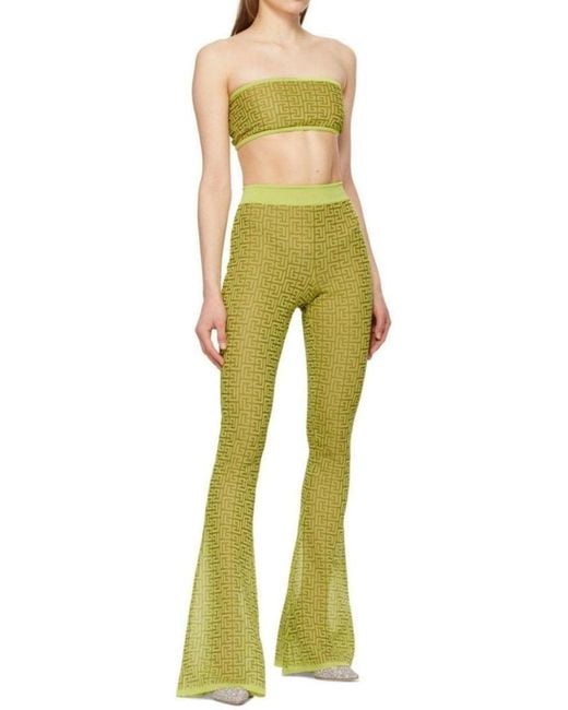 Balmain Green Semi-sheer Monogram Pattern Flared Pants