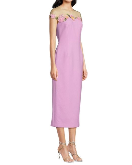 Oscar de la Renta Purple Floral-embellished Sheath Midi Dress