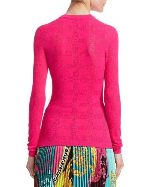 Versace Pink Perforated Logo Stretch Knit Sweater It 46 (us 10)