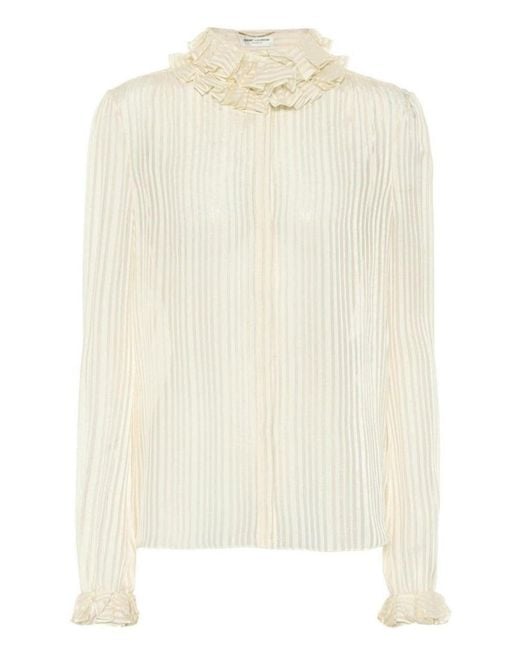 Saint Laurent Natural Ivory Ruffle-collar Striped Silk Shirt