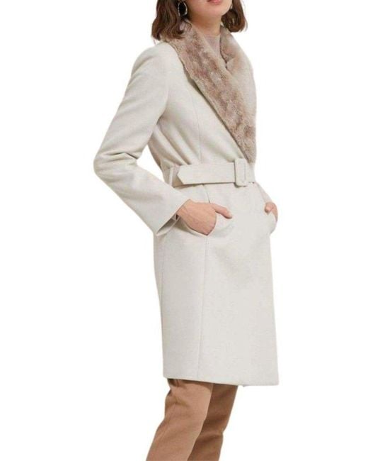 Cult Moda Natural Faux Fur Collar Wrap Trench Coat