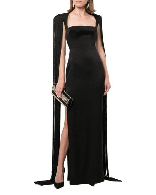 Alex Perry Black Dallas Fringed-sleeve Gown