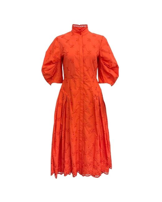 Erdem Red Zelda Broderie Anglaise Poplin Midi Dress
