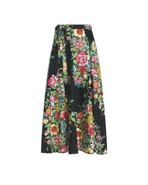 Etro Green Floral Print Cotton Silk Wrap Midi Skirt