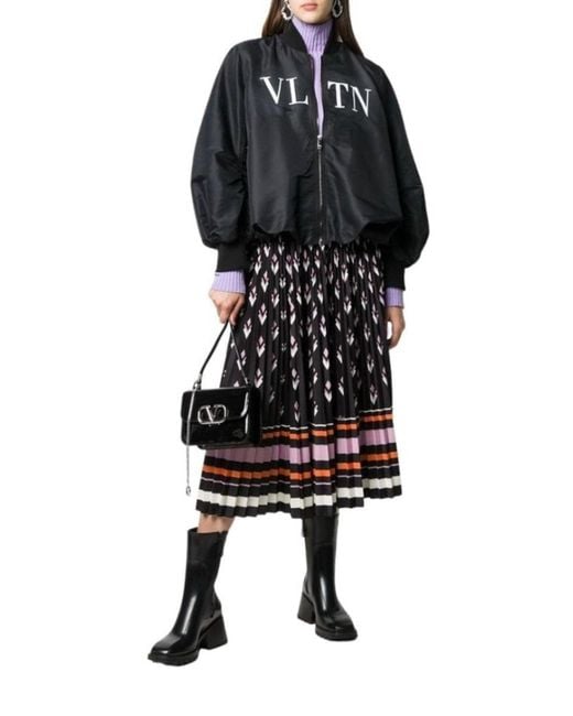 Valentino Black Ruched Printed Shell Bomber Jacket
