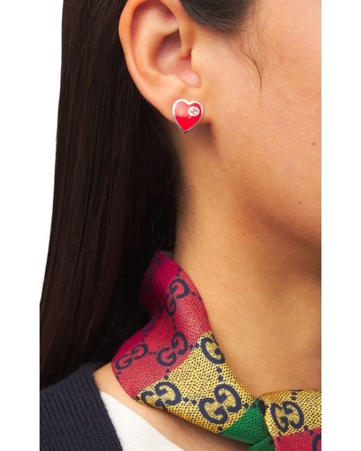 Gucci Interlocking G Heart Stud Earrings In Sterling Silver With Red Enamel