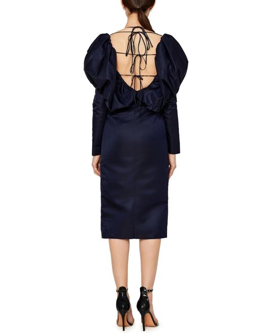 LAQUAN SMITH Blue Faille Halter Neck Puff Sleeve Midi Dress