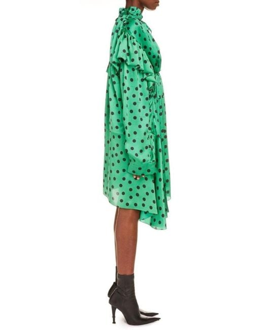 Balenciaga Green Polka Dot Print Long Sleeve Logo Jacquard Babydoll Dress