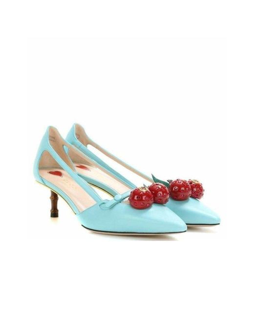 Gucci Green Unia Aqua Cherry Leather Slingback It 36.5