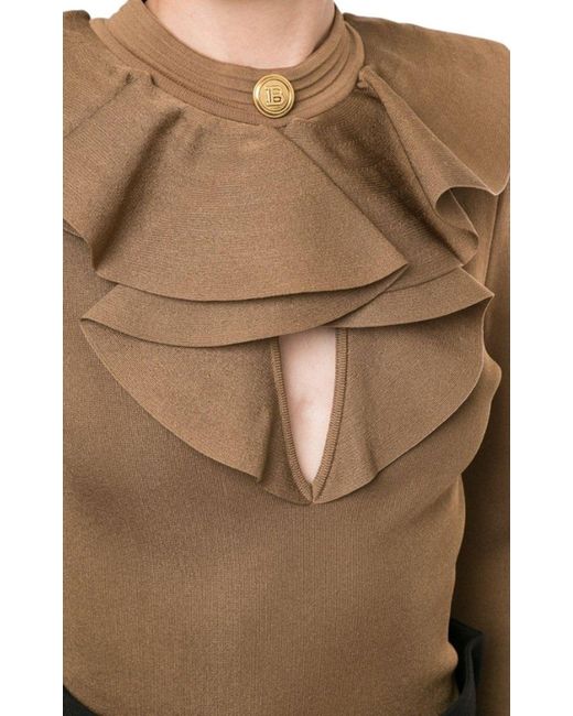 Balmain Natural Ruffled Knit Cutout Bodysuit