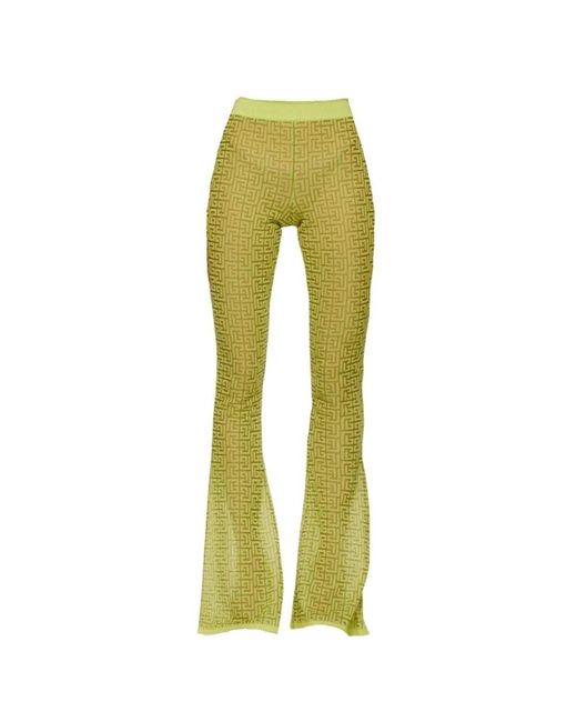 Balmain Green Semi-sheer Monogram Pattern Flared Pants