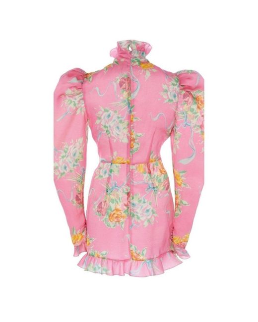 Alessandra Rich Pink Floral Puff-sleeve Silk Mini Dress