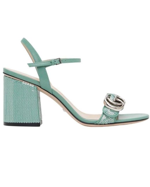 Gucci Blue Green Sequin GG Marmont Mid Heeled Sandals