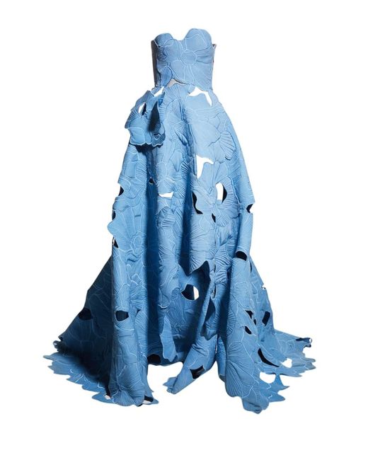 Oscar de la Renta Blue Strapless Floral Embroidered Cutout Ball Gown