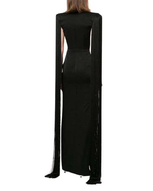 Alex Perry Black Dallas Fringed-sleeve Gown
