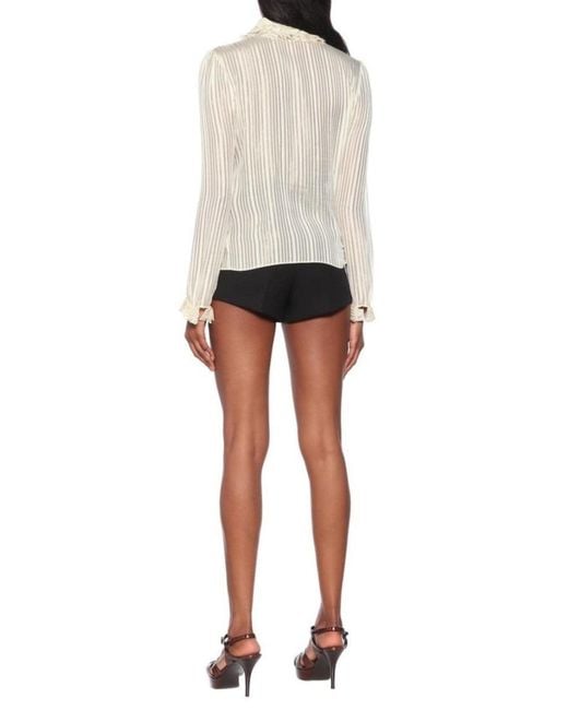Saint Laurent Natural Ivory Ruffle-collar Striped Silk Shirt