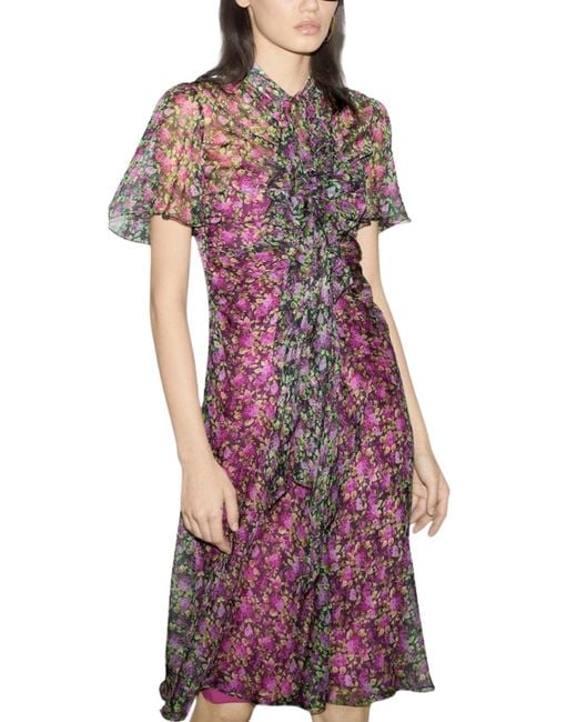 Gucci Red Floral Silk Ruffle Front Evening Dress