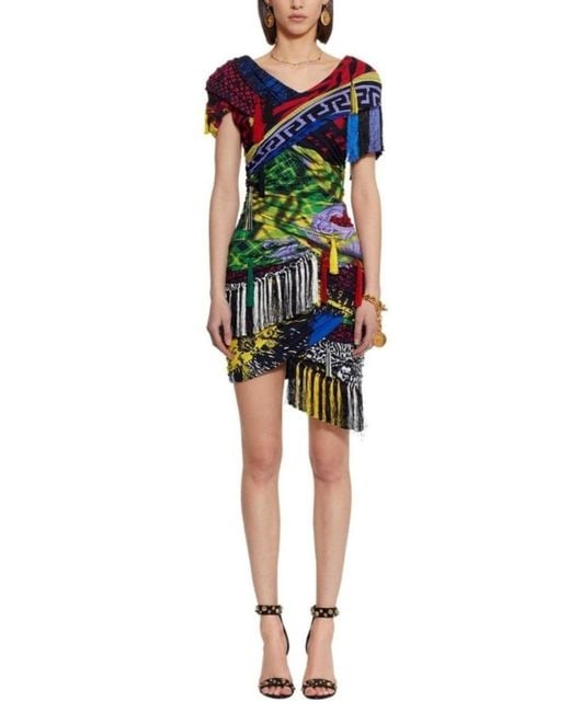 Versace Multicolor Mega Mix Print Fringe Mini Dress