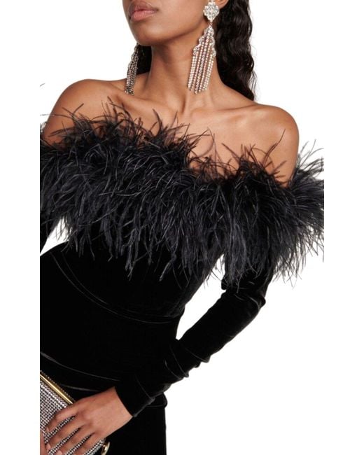 Alessandra Rich Black Feather-trim Velvet Mini Dress