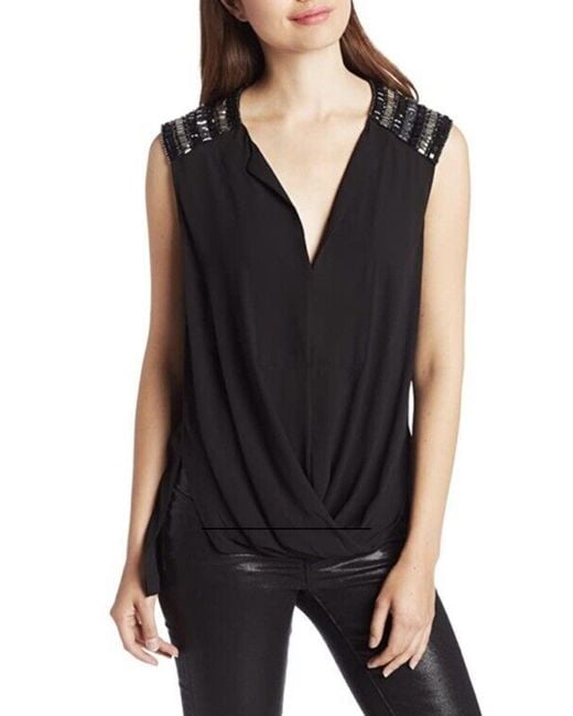 BCBGMAXAZRIA Black Gisele Front Draped Sleeveless Beaded Blouse