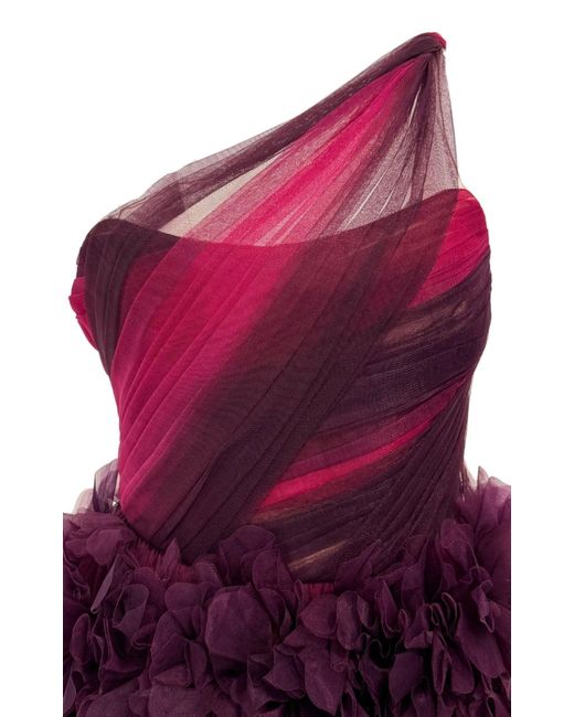 Marchesa Red One Shoulder Floral Dress