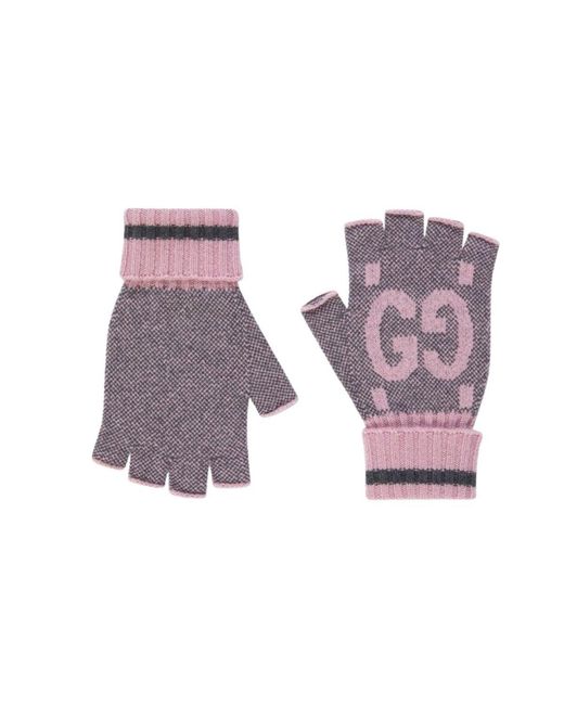 Gucci Purple GG Cashmere Fingerless Gloves Pink Grey